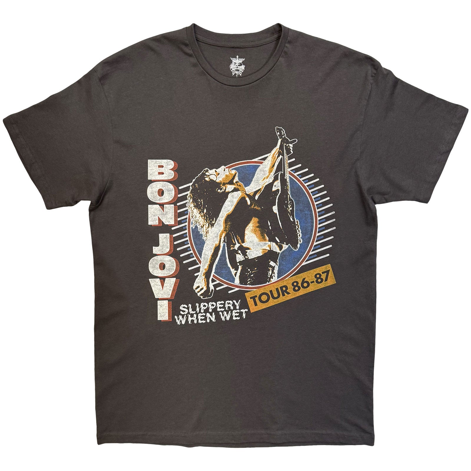 Bon Jovi Unisex T-Shirt: Slippery When Wet Tour '86-'87 (Charcoal Grey) (Back Print)