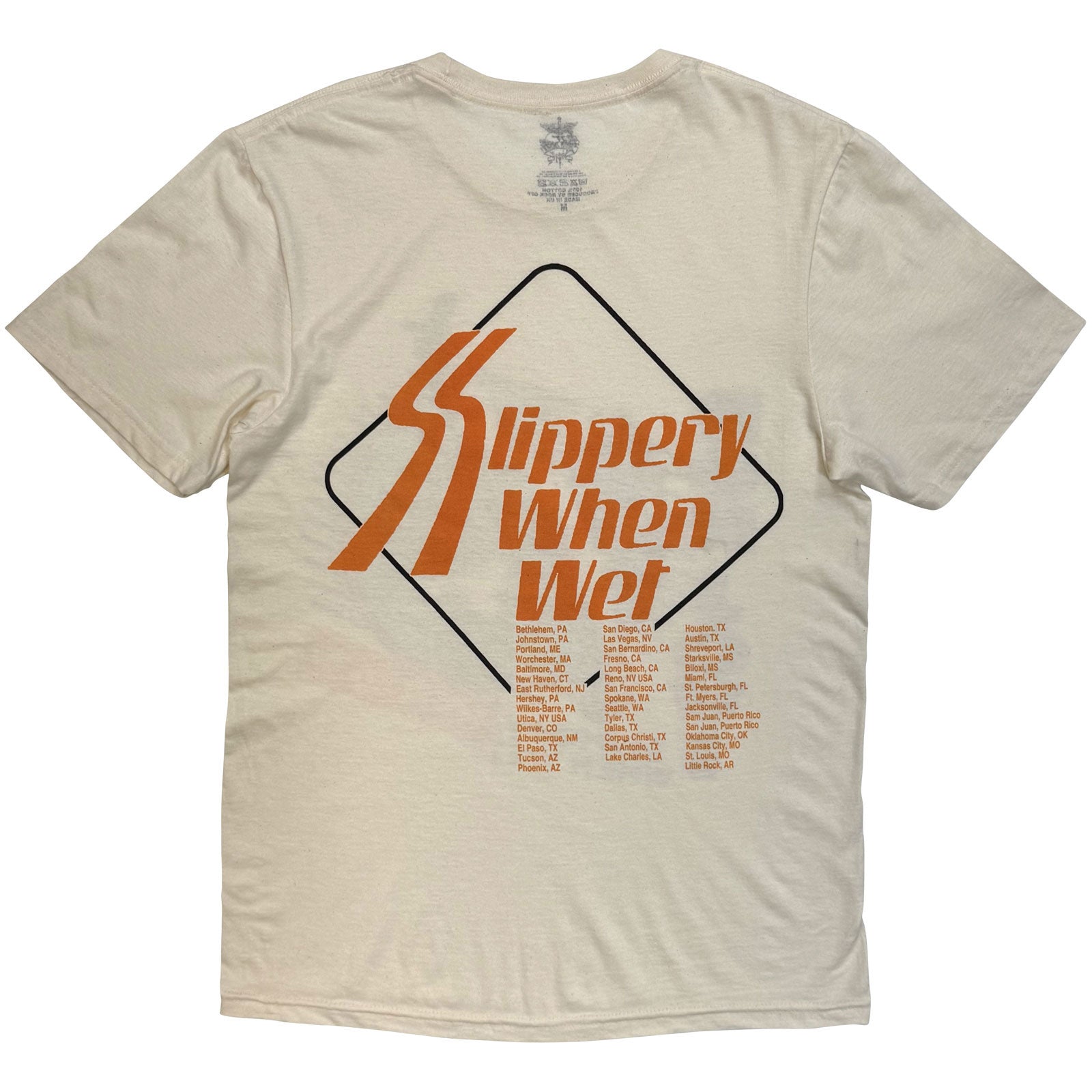 Bon Jovi Unisex T-Shirt: Slippery When Wet Tour '86-'87 (Sand) (Back Print)