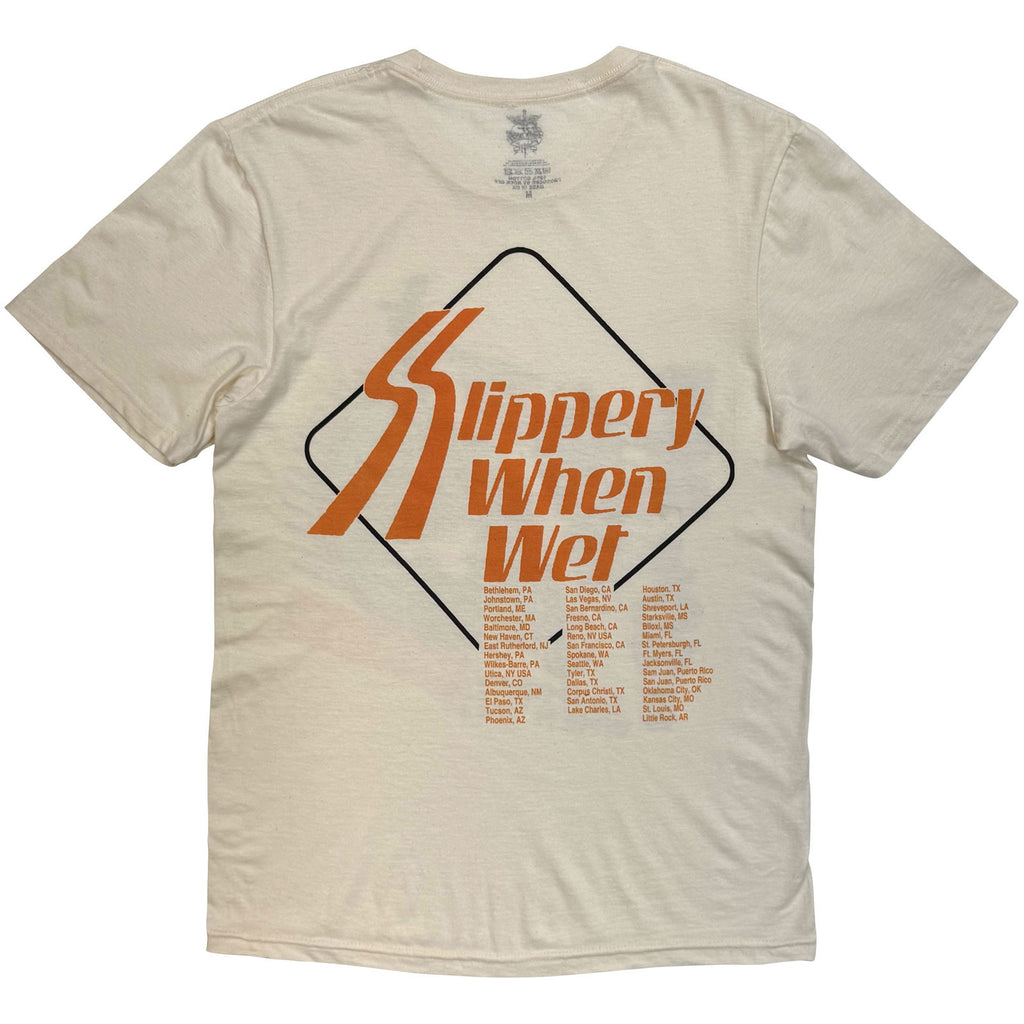 Bon Jovi Unisex T-Shirt: Slippery When Wet Tour '86-'87 (Sand) (Back Print)