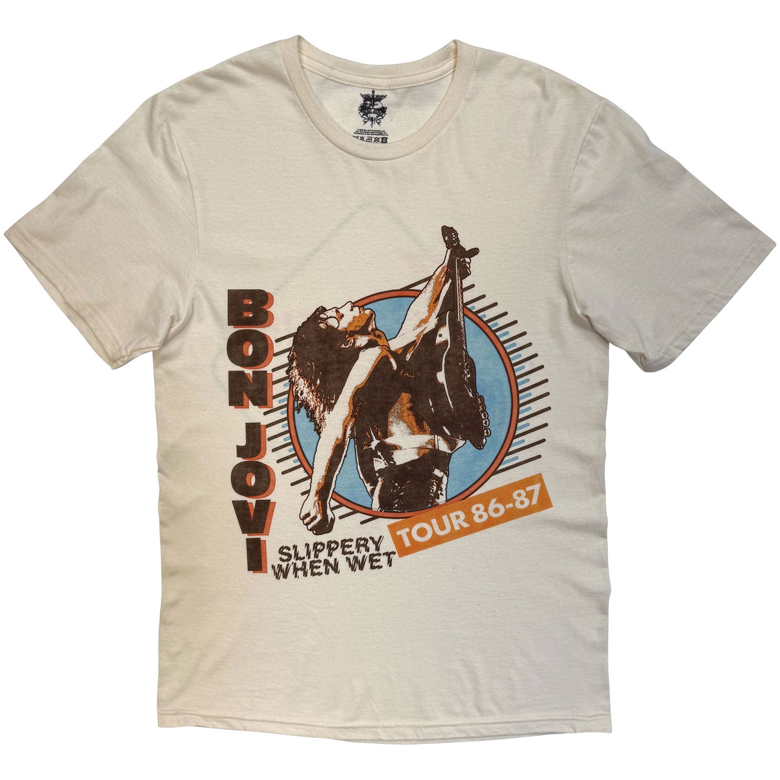 Bon Jovi Unisex T-Shirt: Slippery When Wet Tour '86-'87 (Sand) (Back Print)