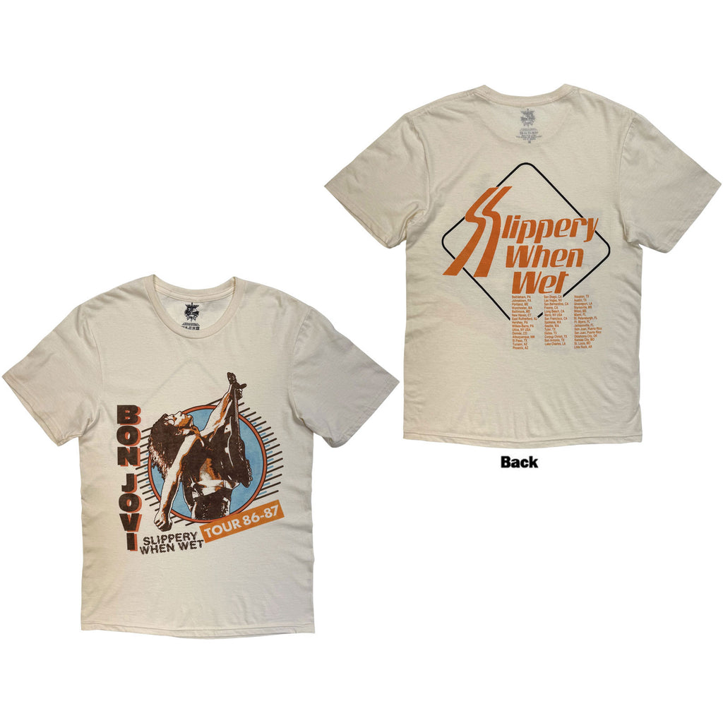 Bon Jovi Unisex T-Shirt: Slippery When Wet Tour '86-'87 (Sand) (Back Print)