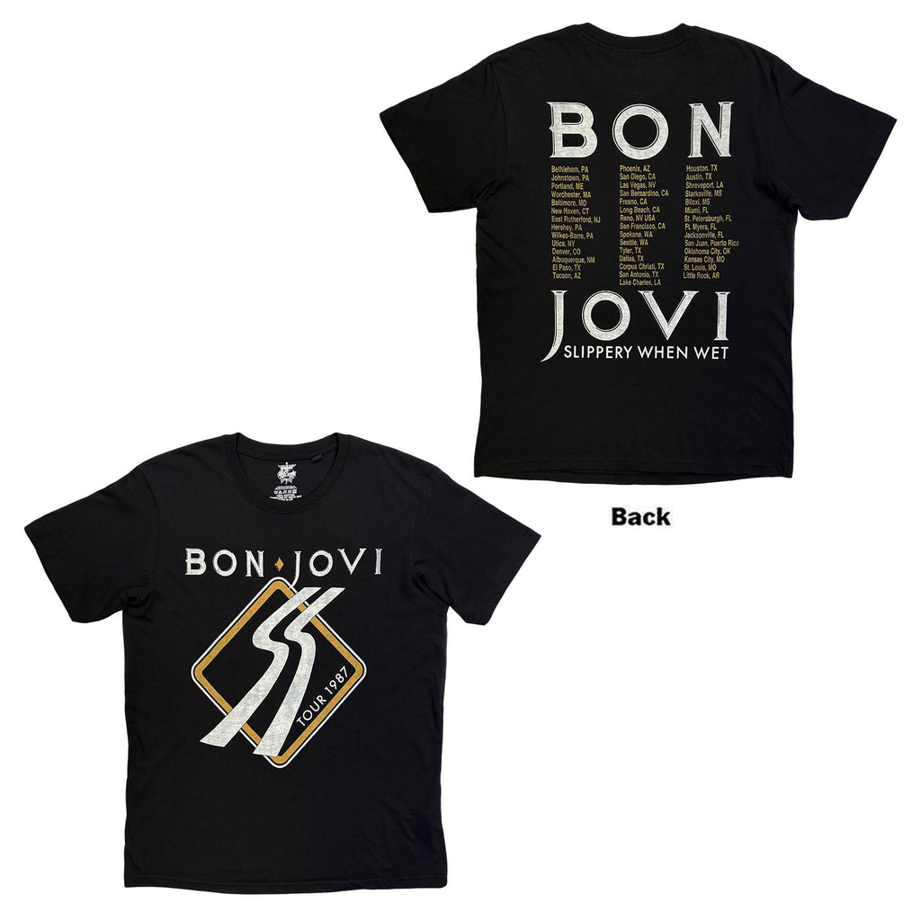 Bon Jovi Unisex T-Shirt: Tour '87 Road Sign (Black) (Back Print)