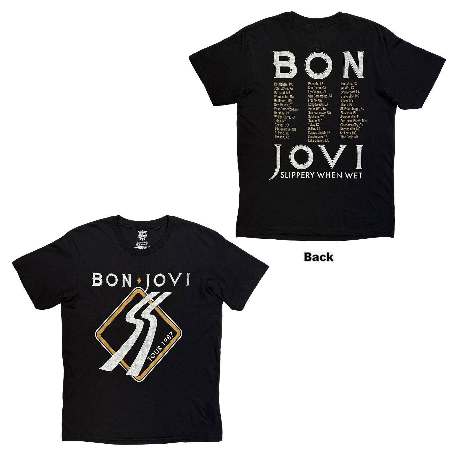 Bon Jovi Unisex T-Shirt: Tour '87 Road Sign (Black) (Back Print)