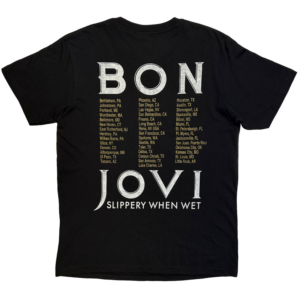 Bon Jovi Unisex T-Shirt: Tour '87 Road Sign (Black) (Back Print)