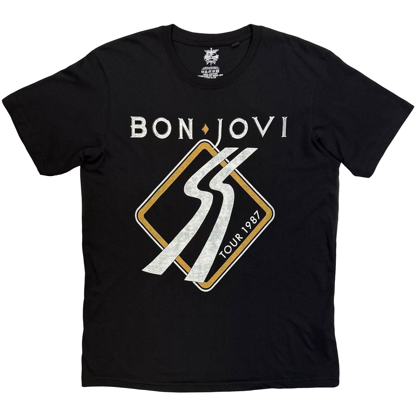 Bon Jovi Unisex T-Shirt: Tour '87 Road Sign (Black) (Back Print)