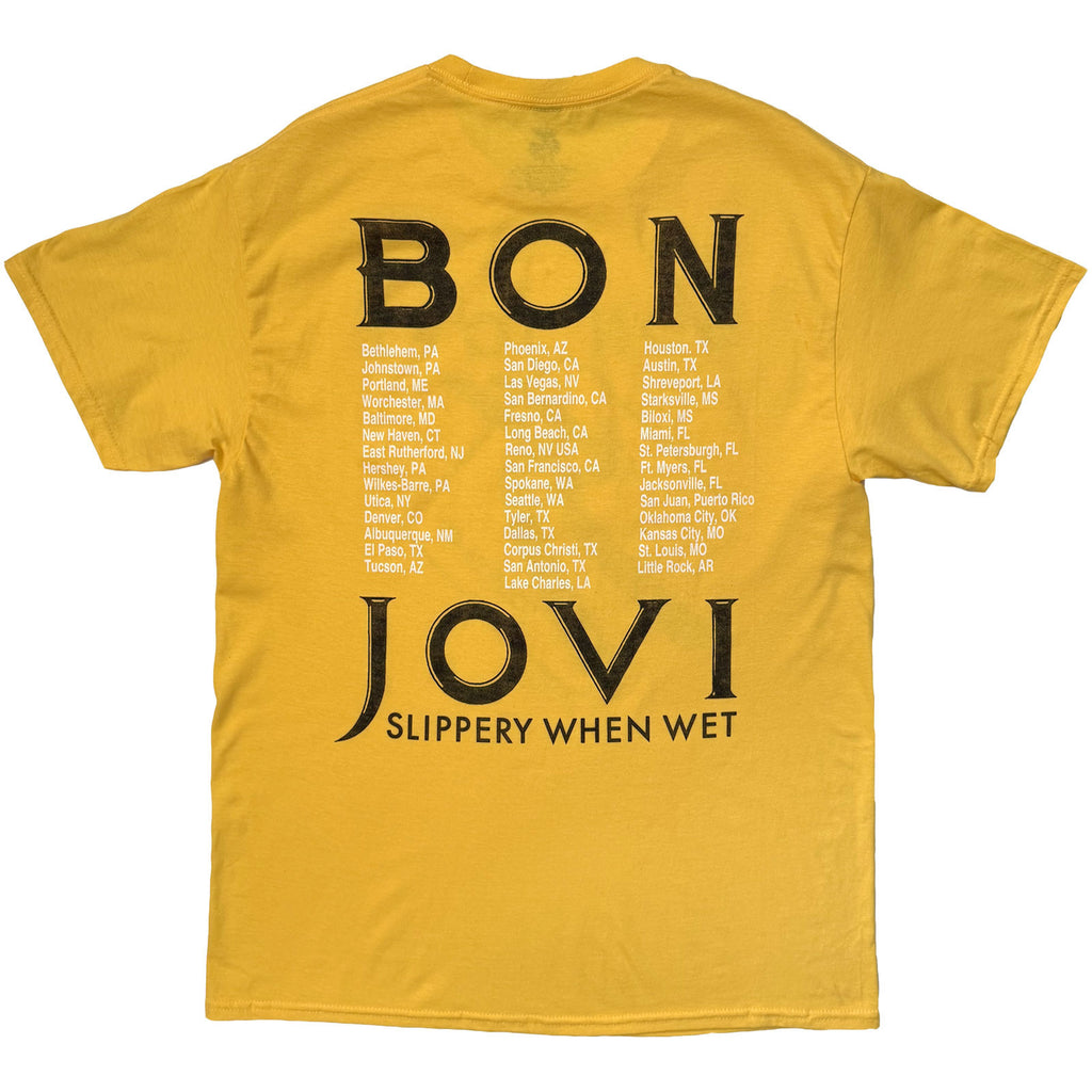 Bon Jovi Unisex T-Shirt: Tour '87 Road Sign (Yellow) (Back Print)