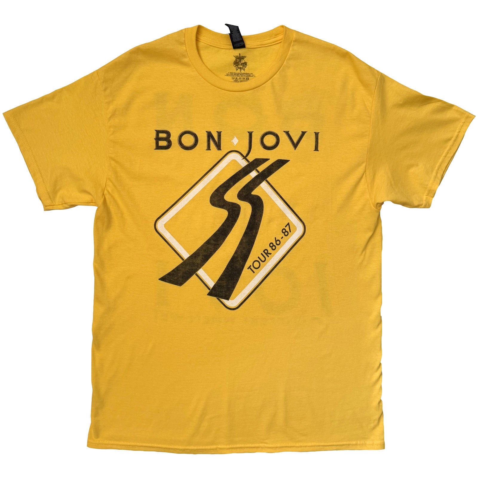 Bon Jovi Unisex T-Shirt: Tour '87 Road Sign (Yellow) (Back Print)