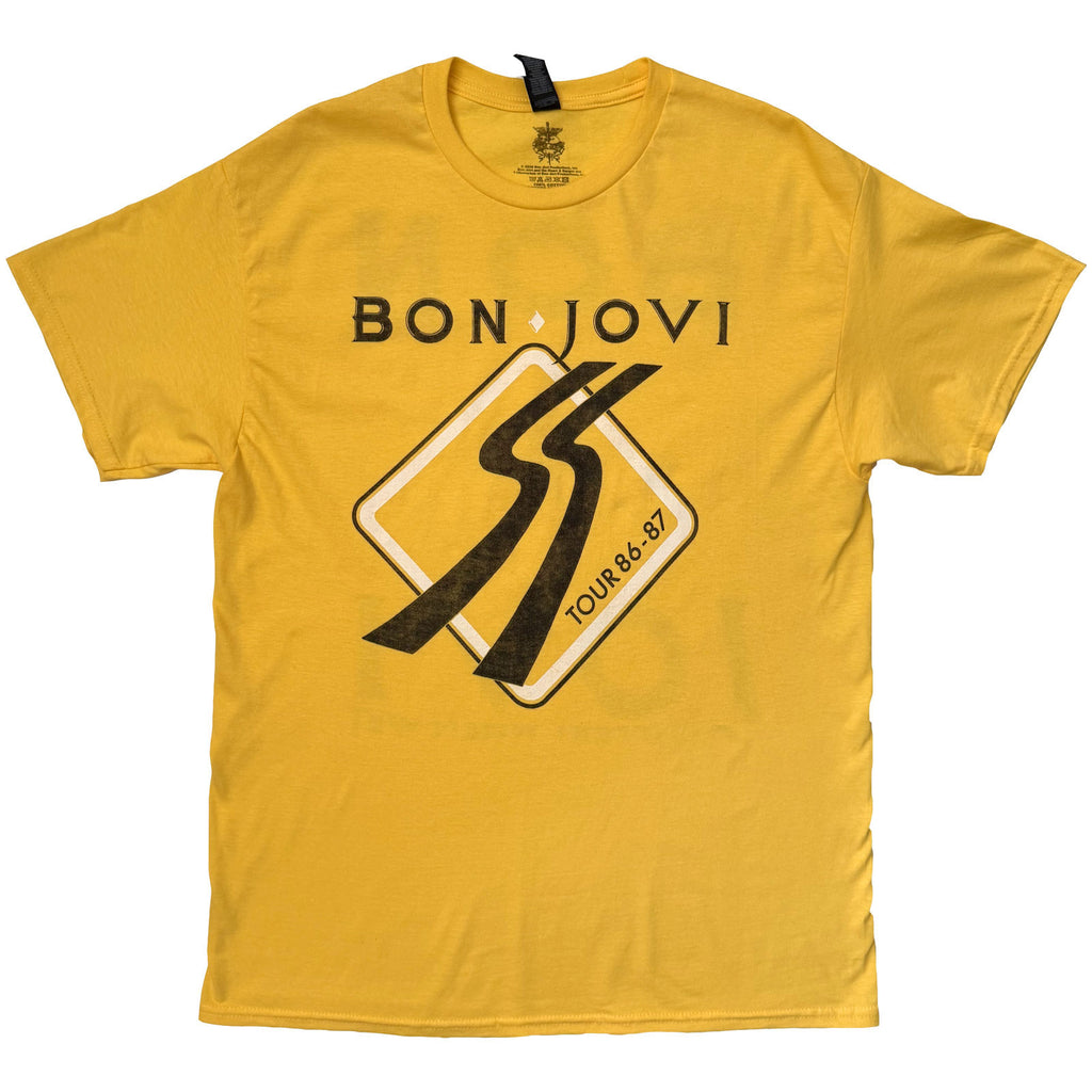 Bon Jovi Unisex T-Shirt: Tour '87 Road Sign (Yellow) (Back Print)