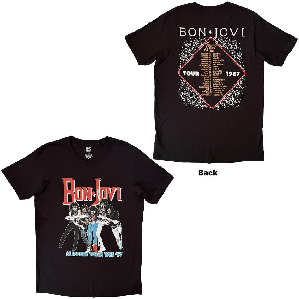 Bon Jovi Unisex T-Shirt: Slippery When Wet '87 (Black) (Back Print)