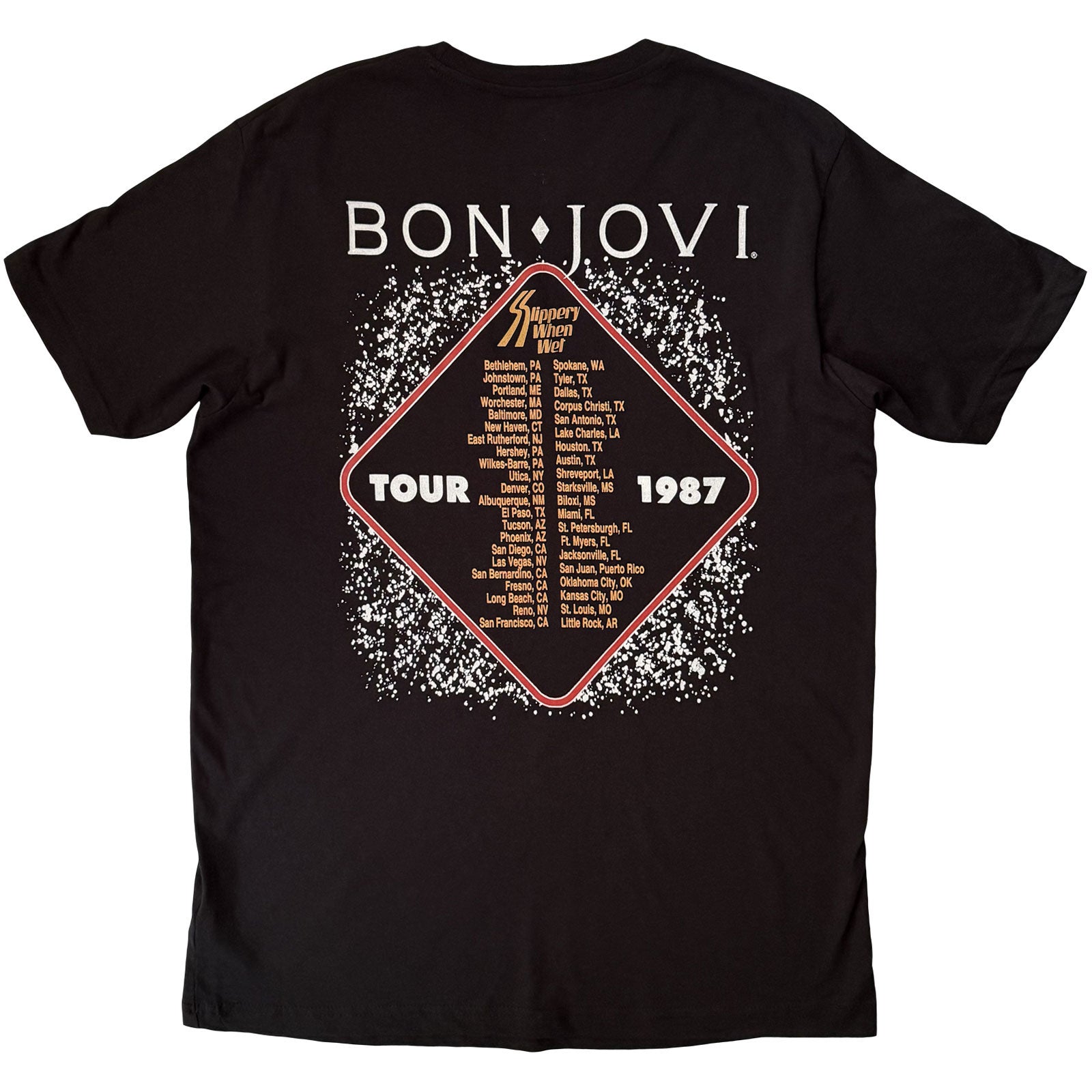 Bon Jovi Unisex T-Shirt: Slippery When Wet '87 (Black) (Back Print)