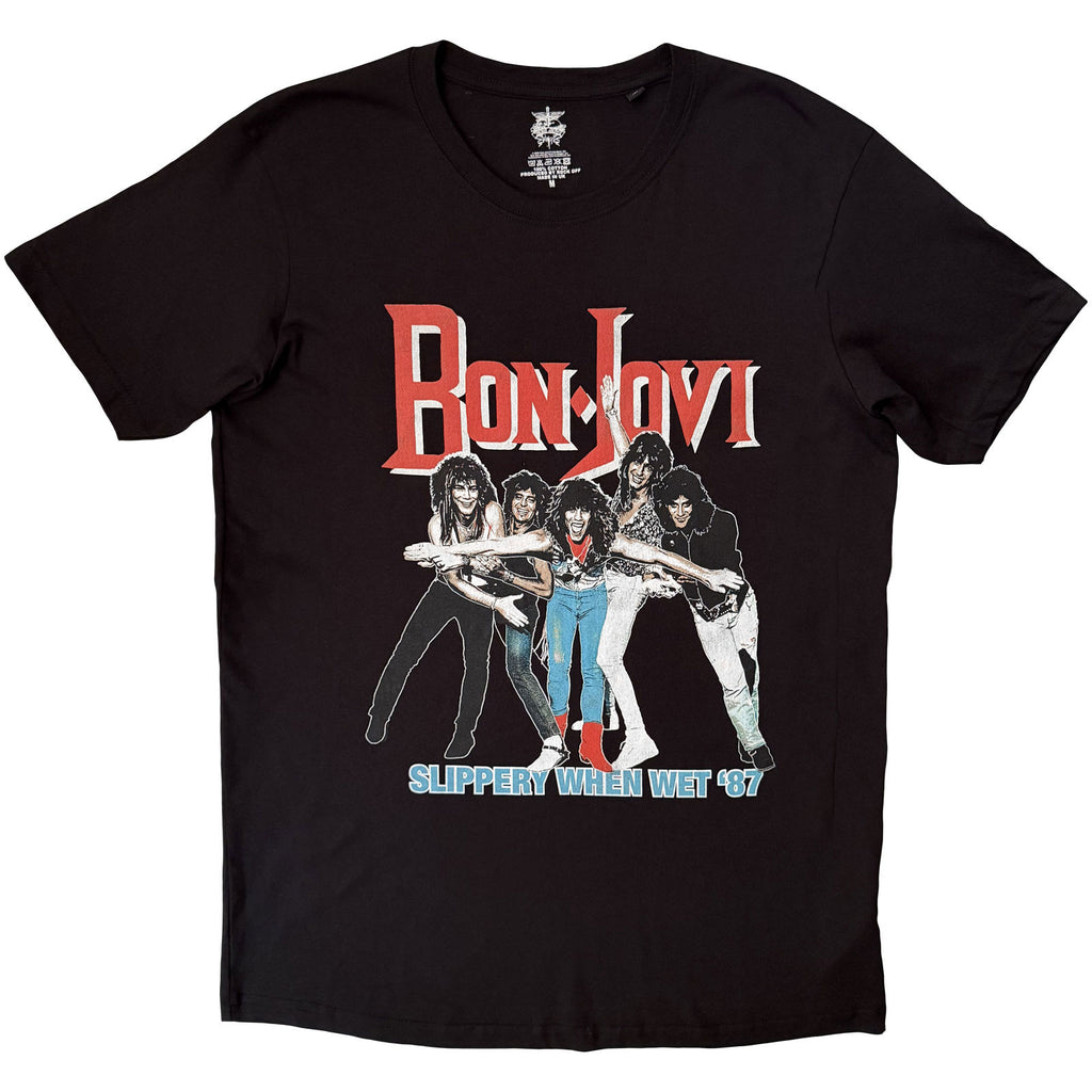 Bon Jovi Unisex T-Shirt: Slippery When Wet '87 (Black) (Back Print)