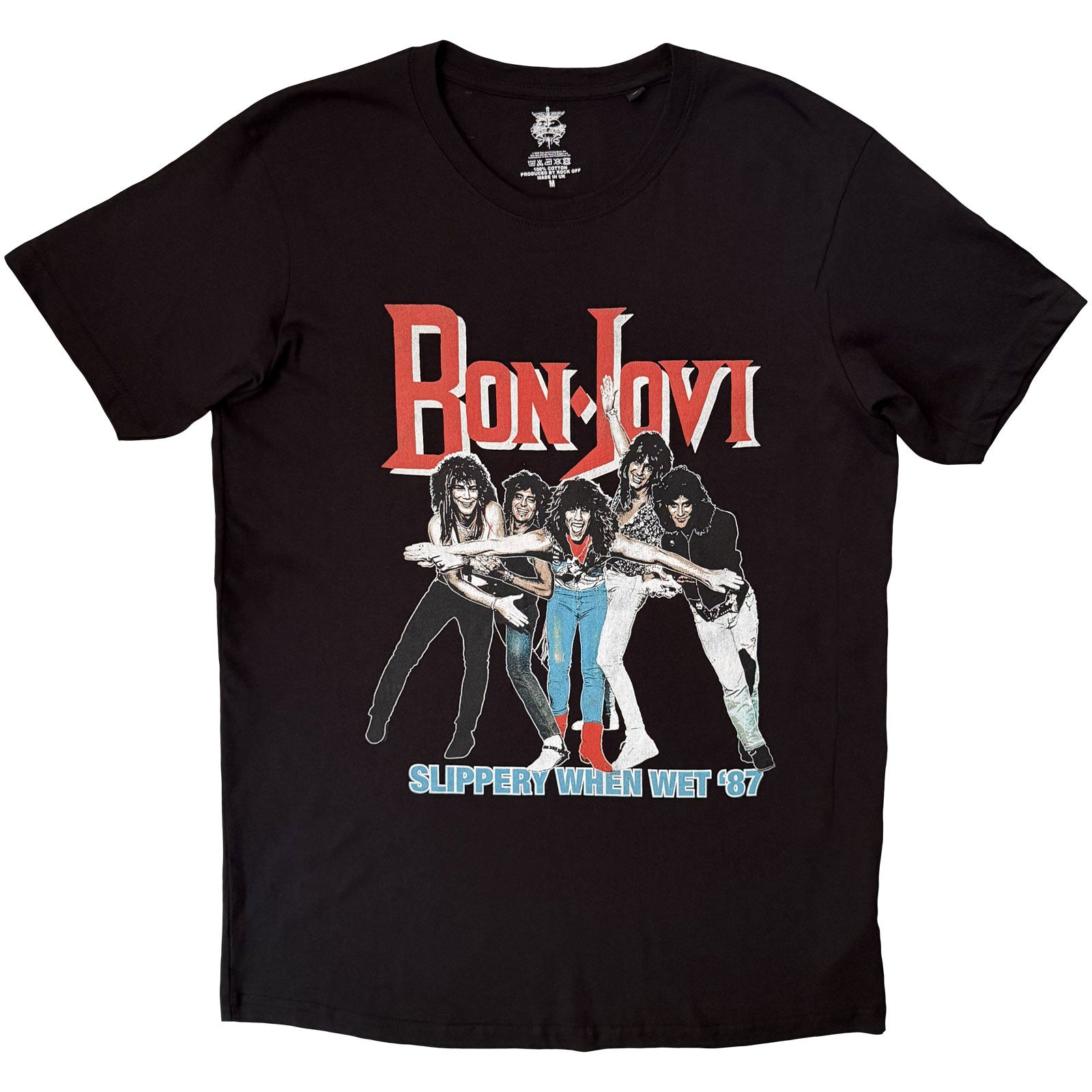 Bon Jovi Unisex T-Shirt: Slippery When Wet '87 (Black) (Back Print)