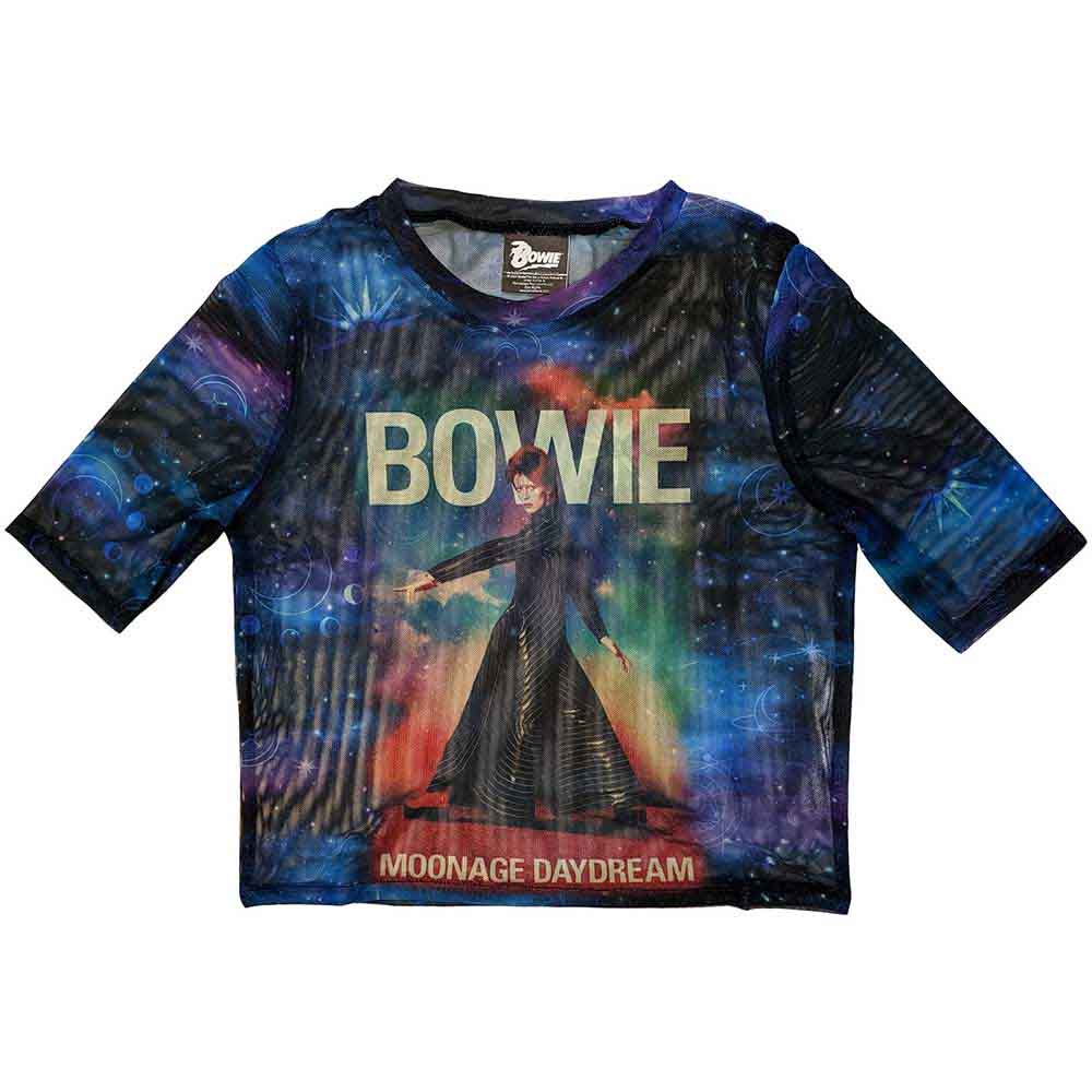 David Bowie Ladies Mesh Crop Top: Moonage 11 Fade (Blue)
