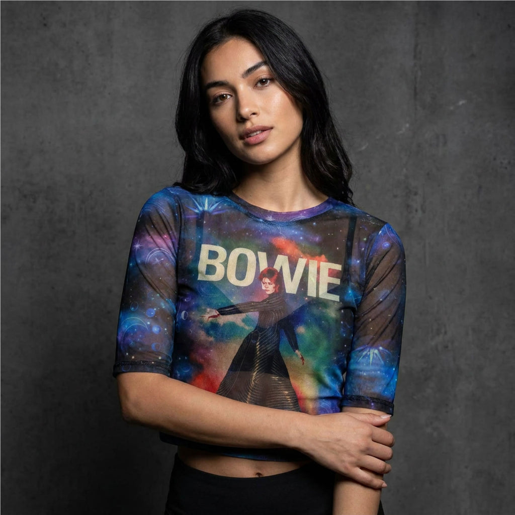 David Bowie Ladies Mesh Crop Top: Moonage 11 Fade (Blue)