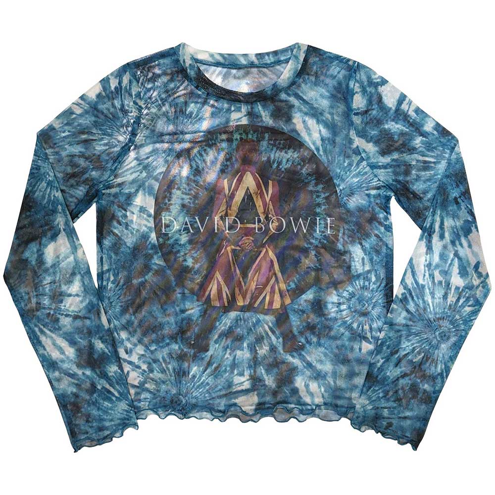 David Bowie Ladies Long Sleeve Mesh Crop Top: Live & Well (Blue)