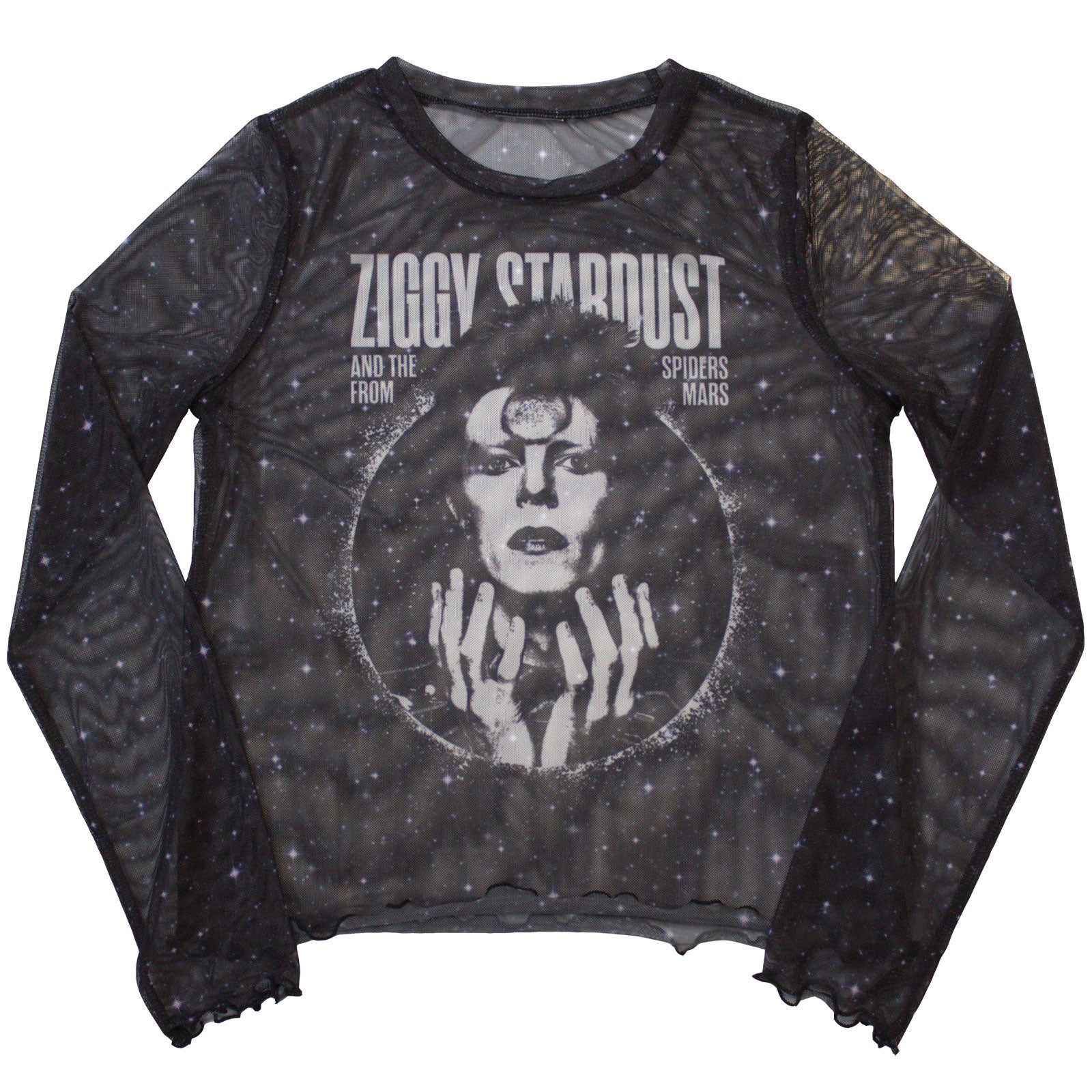 David Bowie Ladies Long Sleeve Mesh Crop Top: Ziggy v1 (Black)
