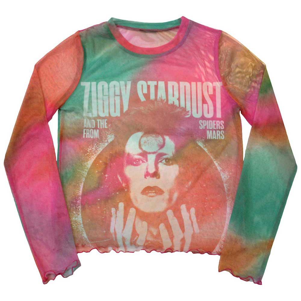 David Bowie Ladies Long Sleeve Mesh Crop Top: Ziggy v2 (Orange)