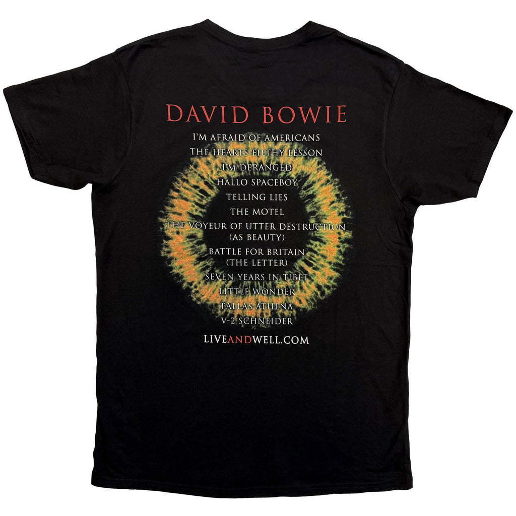 David Bowie Unisex T-Shirt: LiveandWell.com (Black) (Back Print)
