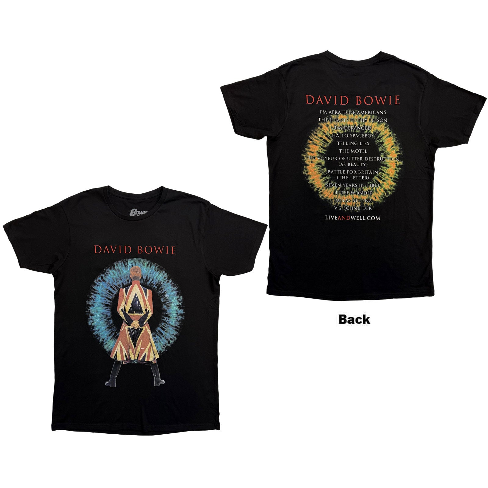 David Bowie Unisex T-Shirt: LiveandWell.com (Black) (Back Print)