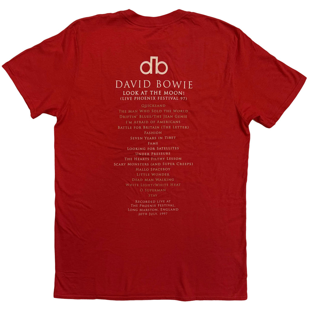 David Bowie Unisex T-Shirt: Pheonix Festival (Cardinal Red) (Back Print)