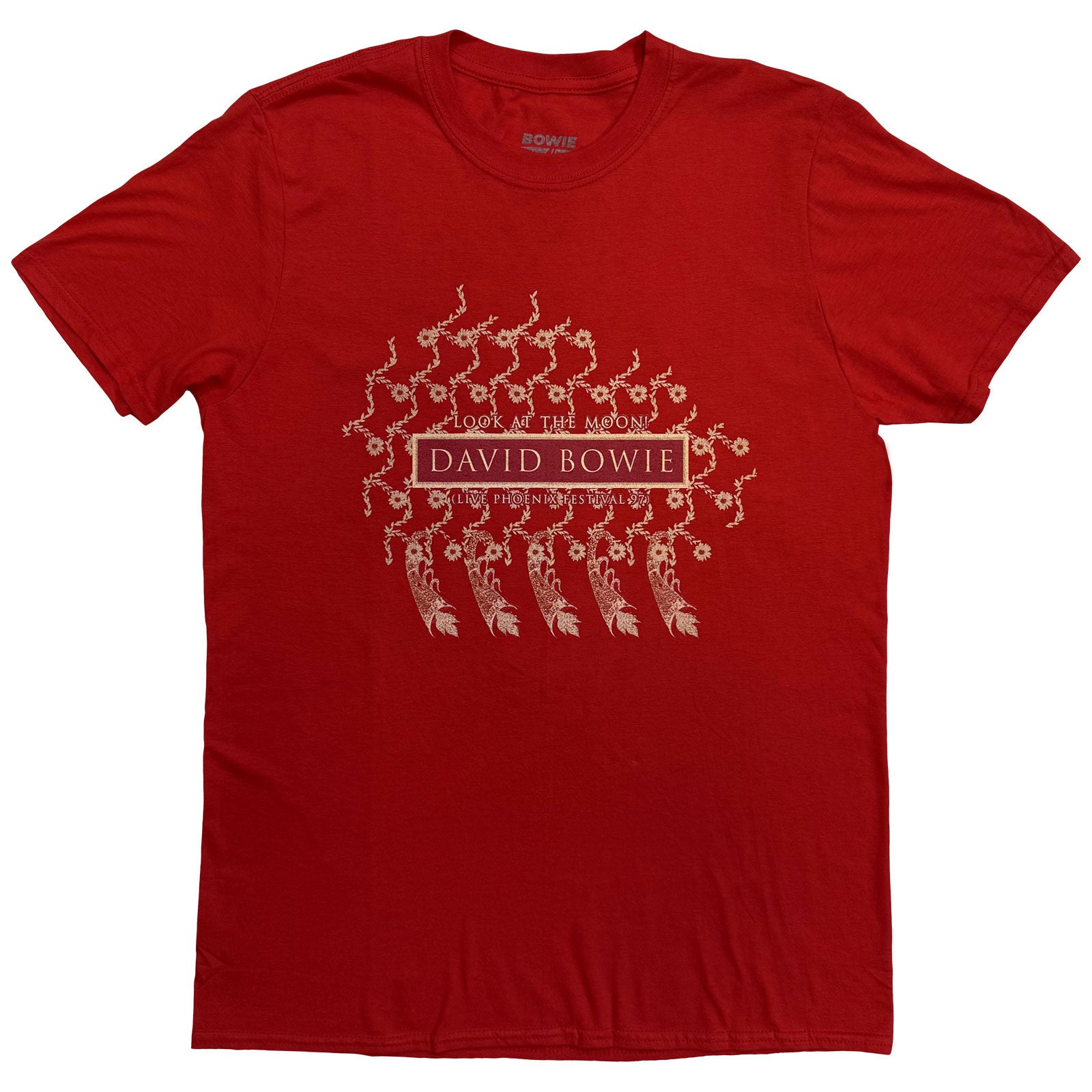David Bowie Unisex T-Shirt: Pheonix Festival (Cardinal Red) (Back Print)