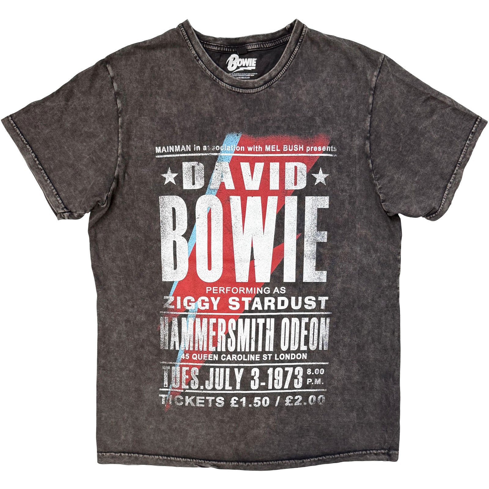 David Bowie Unisex Stone Wash T-Shirt: Hammersmith Odeon (Charcoal Grey)