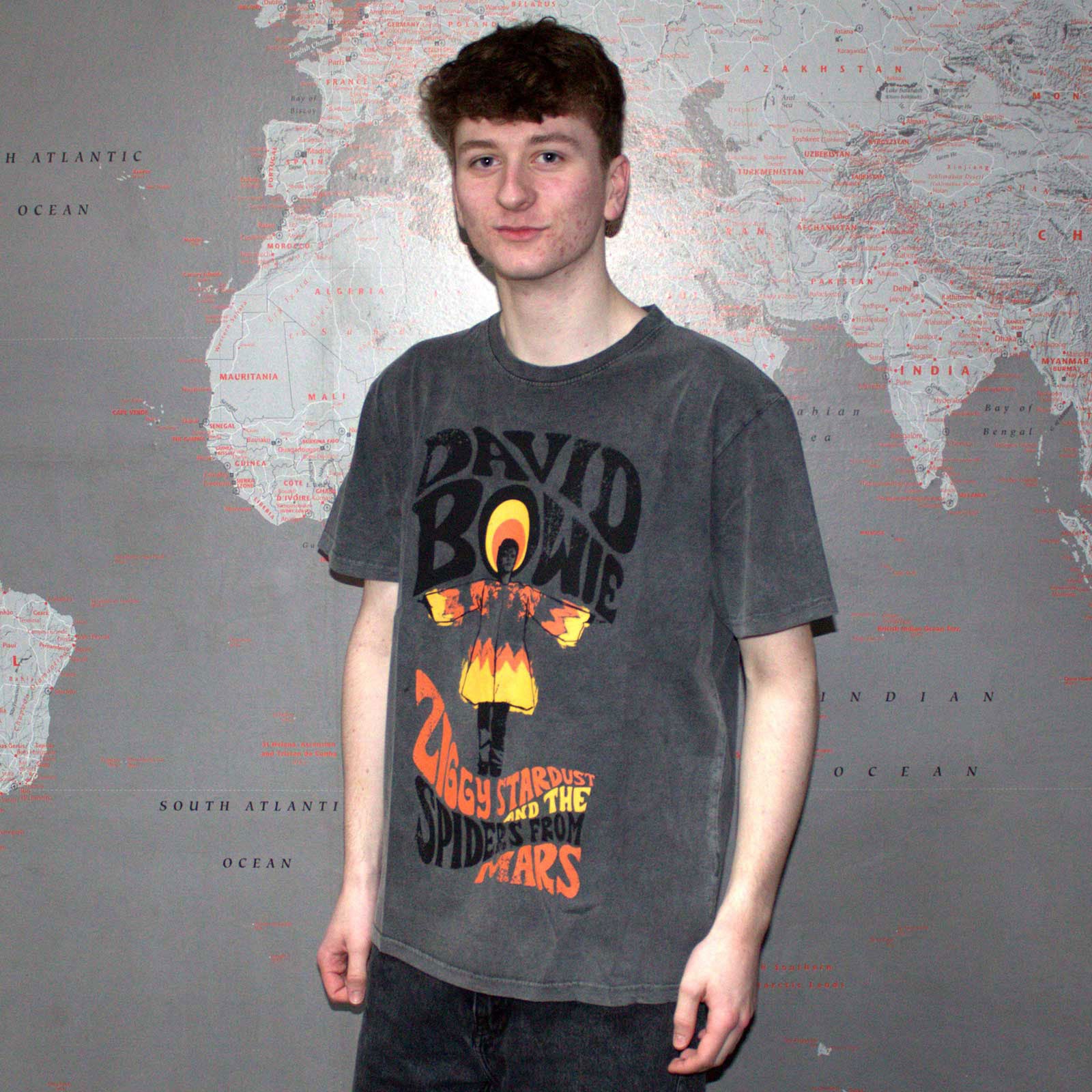 David Bowie Unisex Stone Wash T-Shirt: Ziggy Stardust (Charcoal Grey)