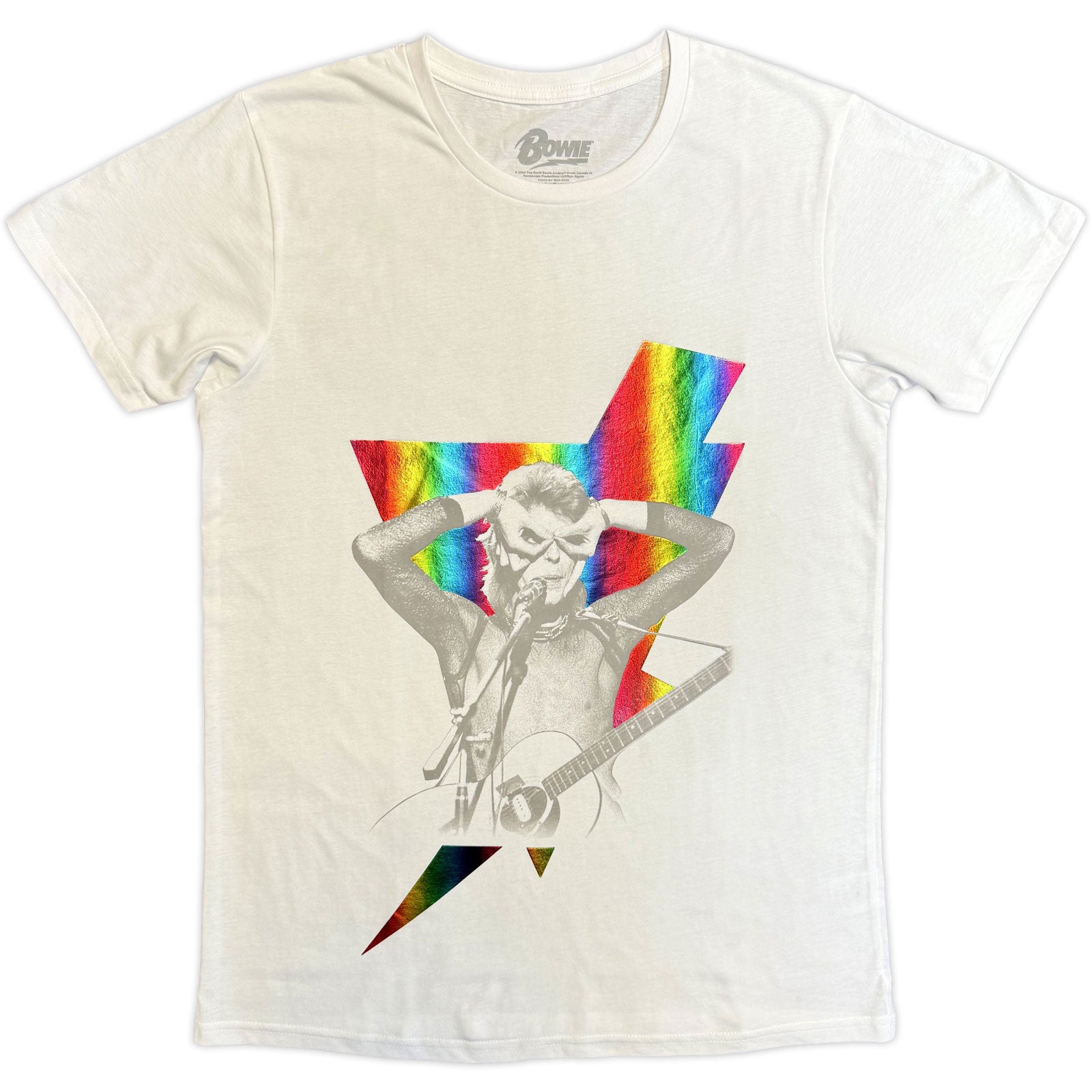David Bowie Unisex T-Shirt: Holographic Bolt Foiled Print (White) (Embellished)