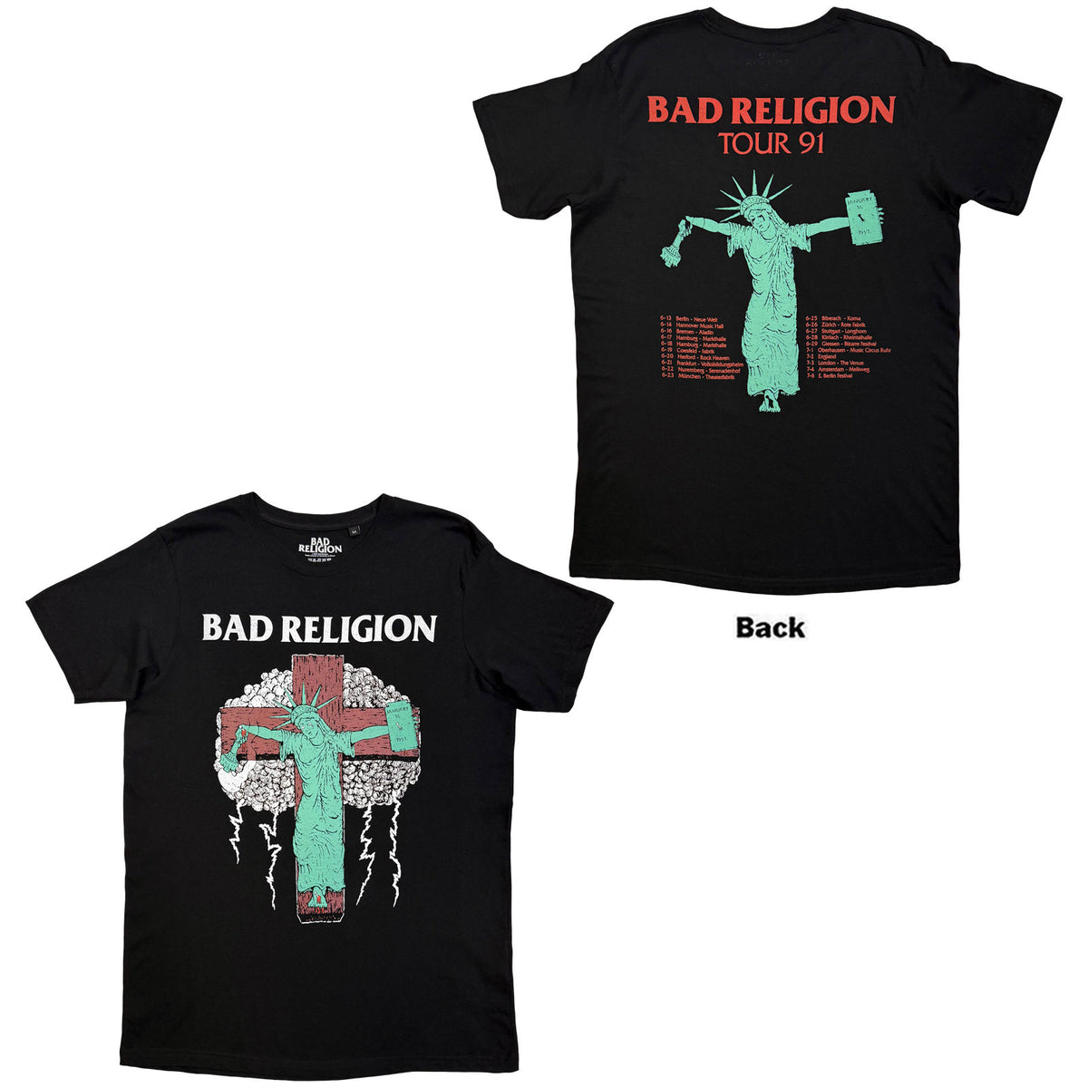 Bad Religion Unisex T-Shirt: Liberty '91 Tour (Black) (Back Print)