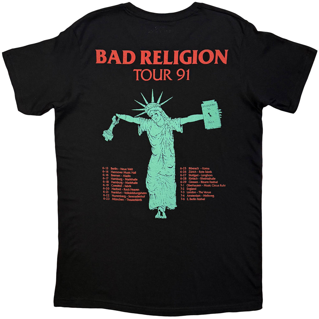 Bad Religion Unisex T-Shirt: Liberty '91 Tour (Black) (Back Print)