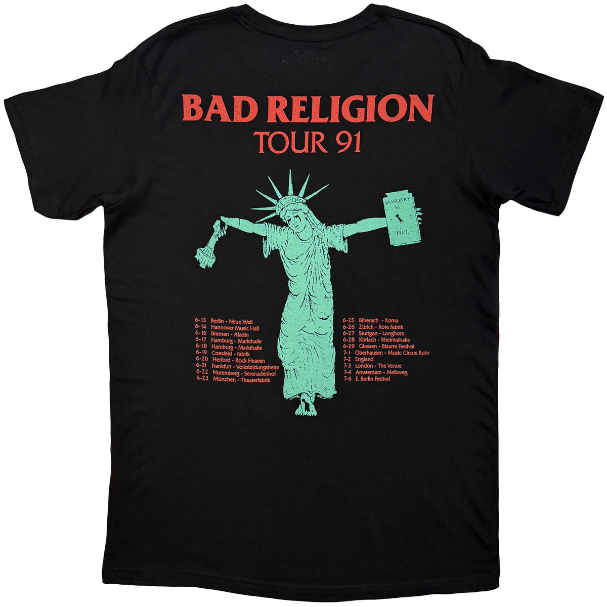 Bad Religion Unisex T-Shirt: Liberty '91 Tour (Black) (Back Print)