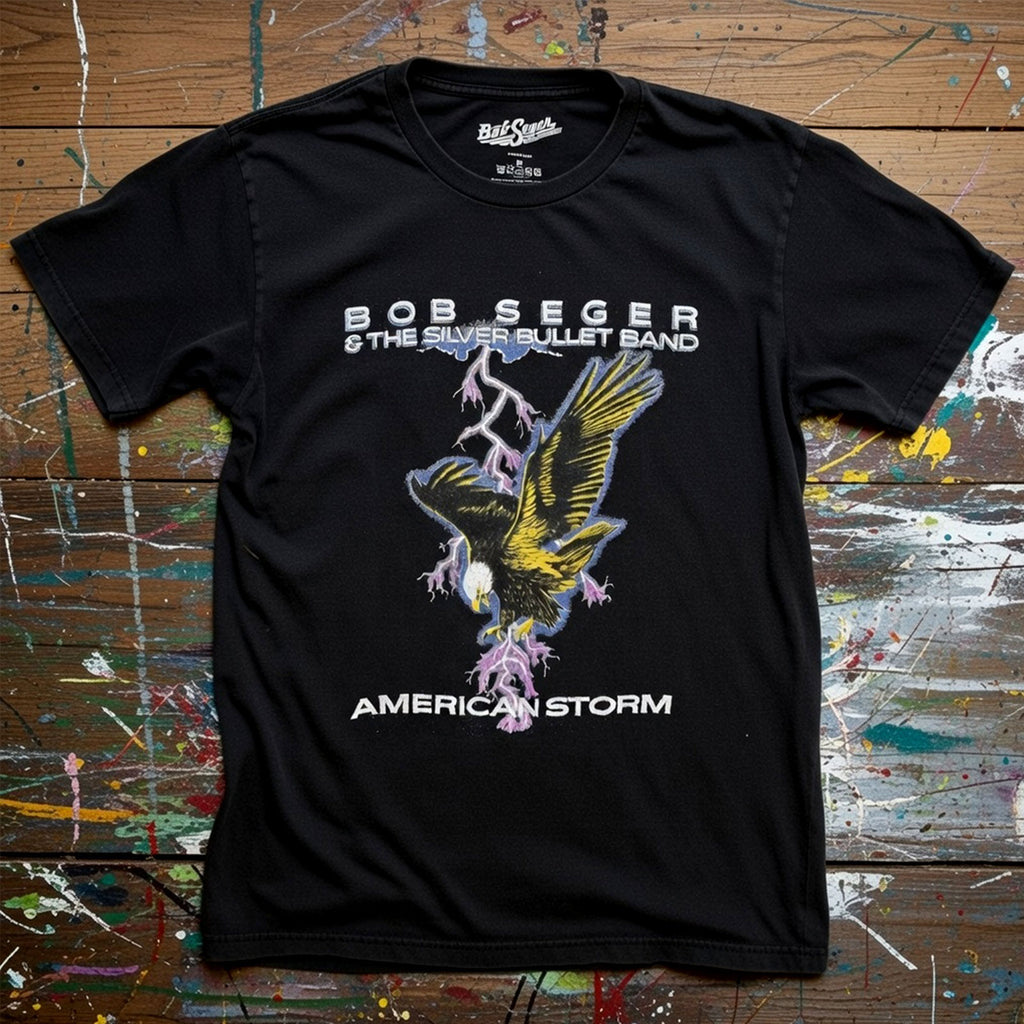 Bob Seger & The Silver Bullet Band Unisex Premium Carbon T-Shirt: American Storm (Black) (Back Print)