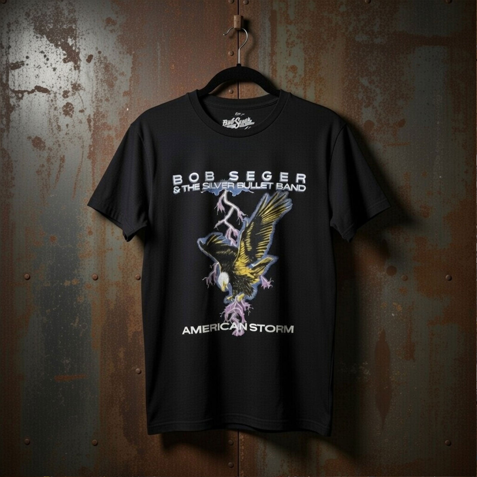Bob Seger & The Silver Bullet Band Unisex Premium Carbon T-Shirt: American Storm (Black) (Back Print)