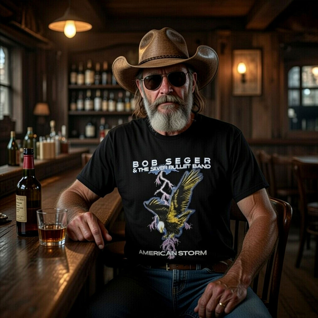 Bob Seger & The Silver Bullet Band Unisex Premium Carbon T-Shirt: American Storm (Black) (Back Print)