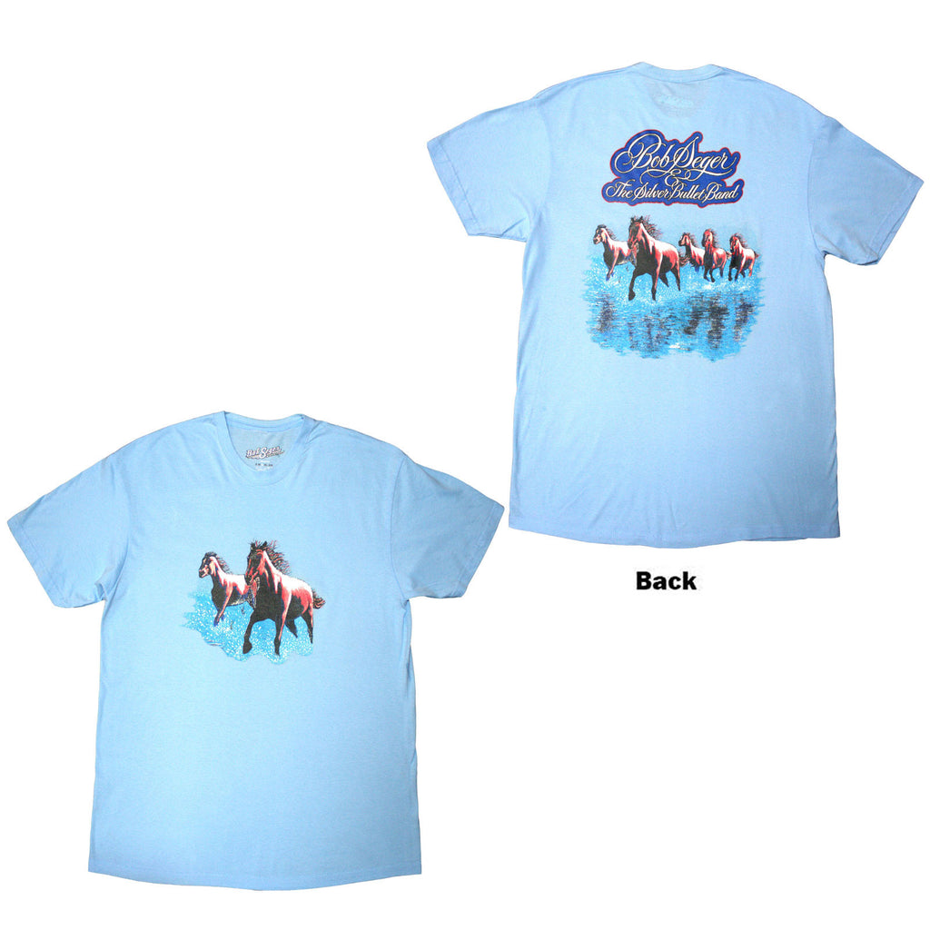 Bob Seger & The Silver Bullet Band Unisex T-Shirt: Horses (Light Blue) (Back Print)