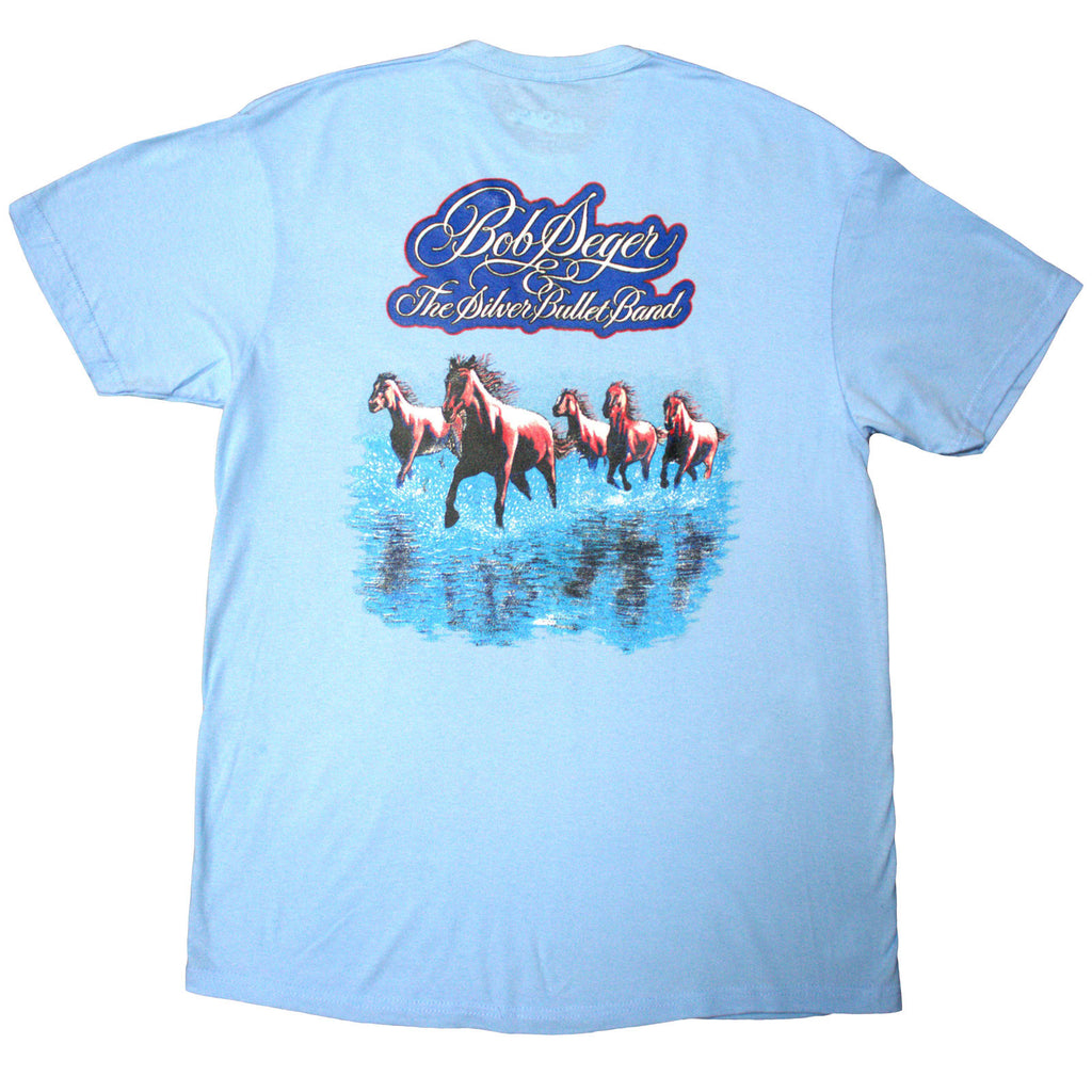 Bob Seger & The Silver Bullet Band Unisex T-Shirt: Horses (Light Blue) (Back Print)