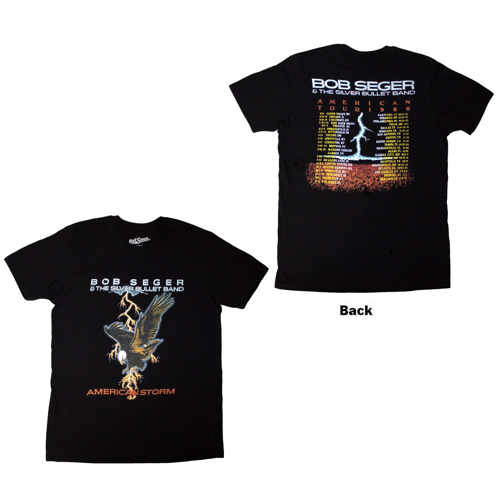 Bob Seger & The Silver Bullet Band Unisex T-Shirt: Tour '86 (Black) (Back Print)