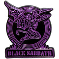 Black Sabbath Pin Badge: Purple Text Logo & Daemon