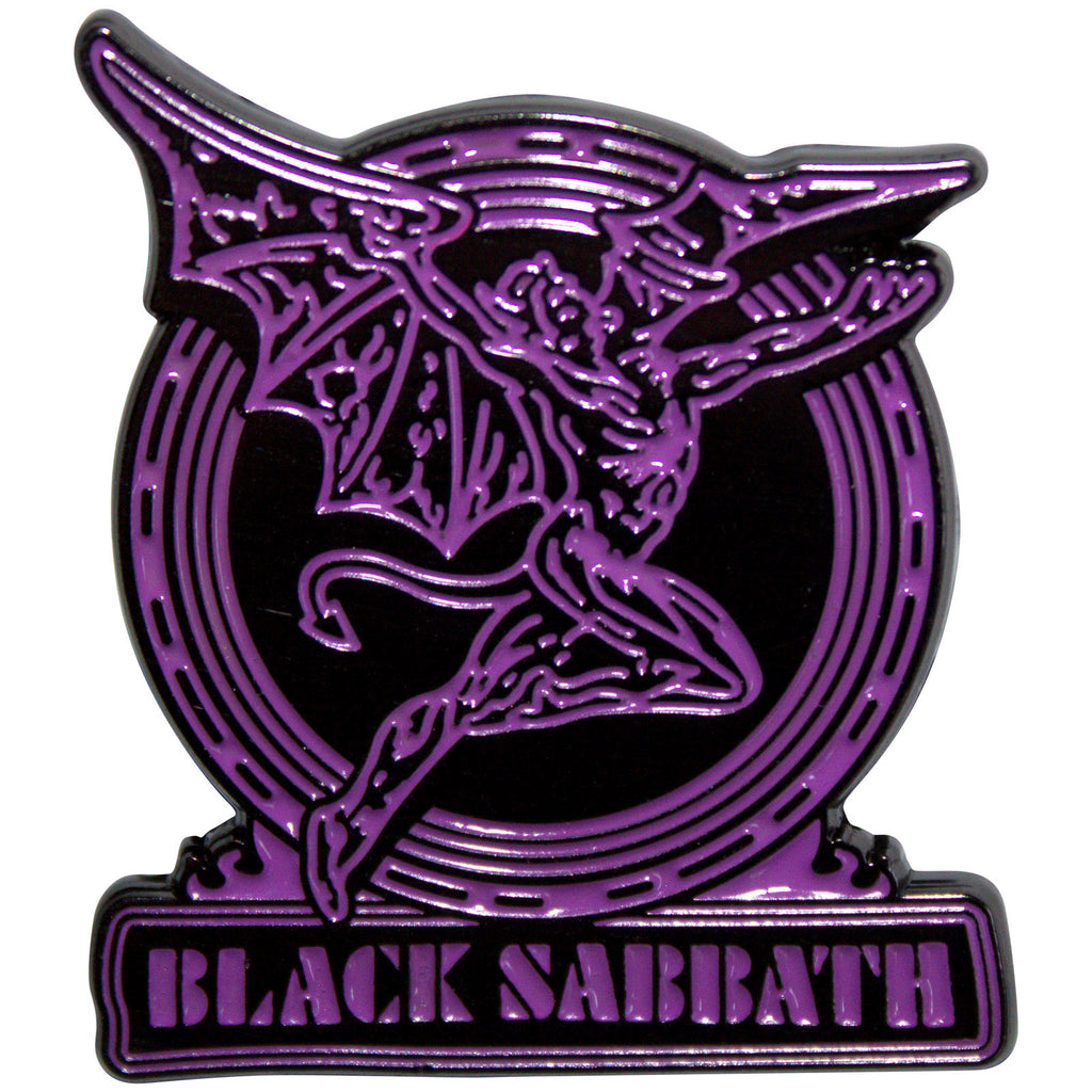 Black Sabbath Pin Badge: Purple Text Logo & Daemon