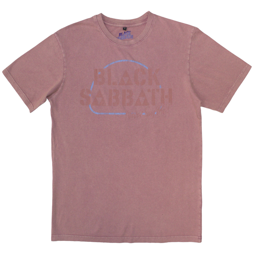 Black Sabbath Unisex Stone Wash T-Shirt: Never Say Die (Kashmir Red) (Back Print)