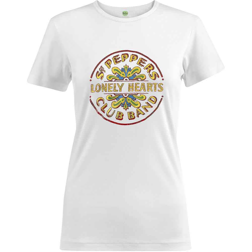 The Beatles Ladies T-Shirt: Sgt Pepper Drum Colour Foil (White) (Embellished)