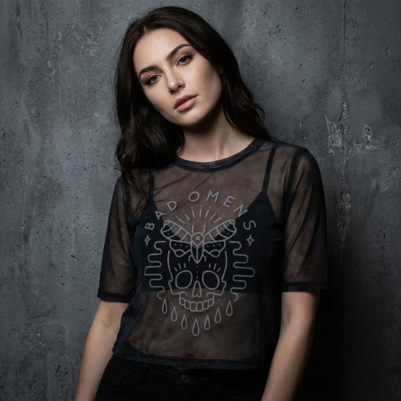 Bad Omens: Moth Skull Ladies Mesh Crop Top (Charcoal Grey)