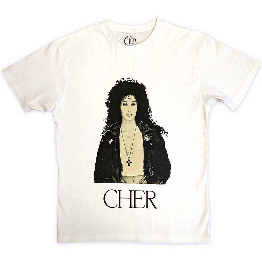 Cher Unisex T-Shirt: Leather Jacket (White)