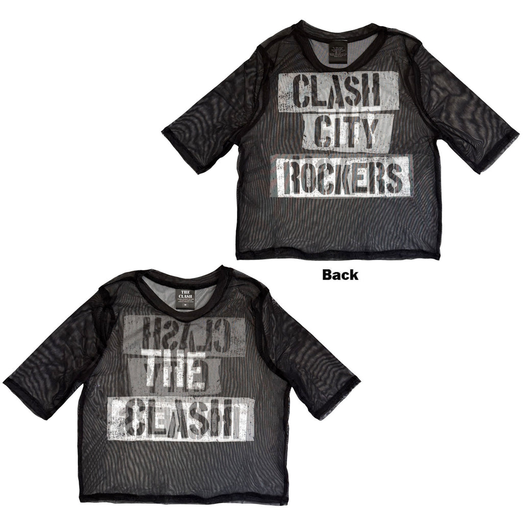 The Clash Ladies Mesh Crop Top: City Rockers (Black) (Front & Back)