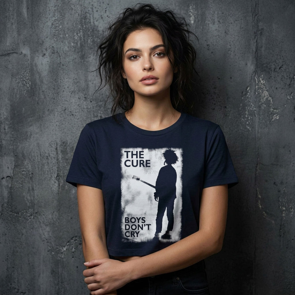 The Cure Ladies Crop Top: Boys Don't Cry B&W (Navy Blue)