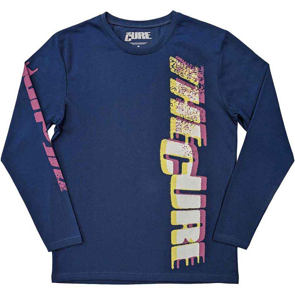 The Cure Unisex Long Sleeve T-Shirt: Glitched Logo (Denim Blue) (Sleeve Print)