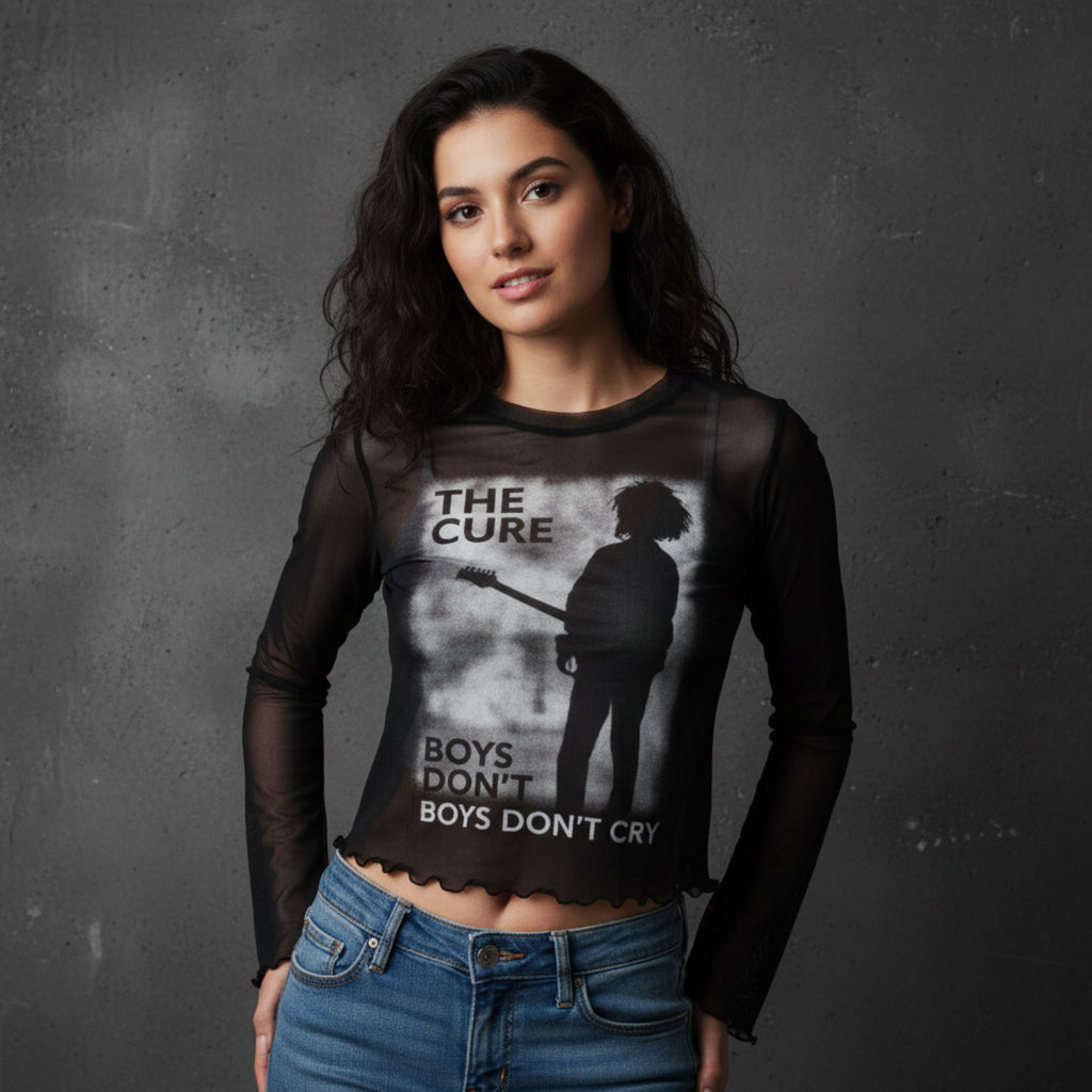 The Cure Ladies Long Sleeve Mesh Crop Top: Boys Don't Cry B&W (Black)