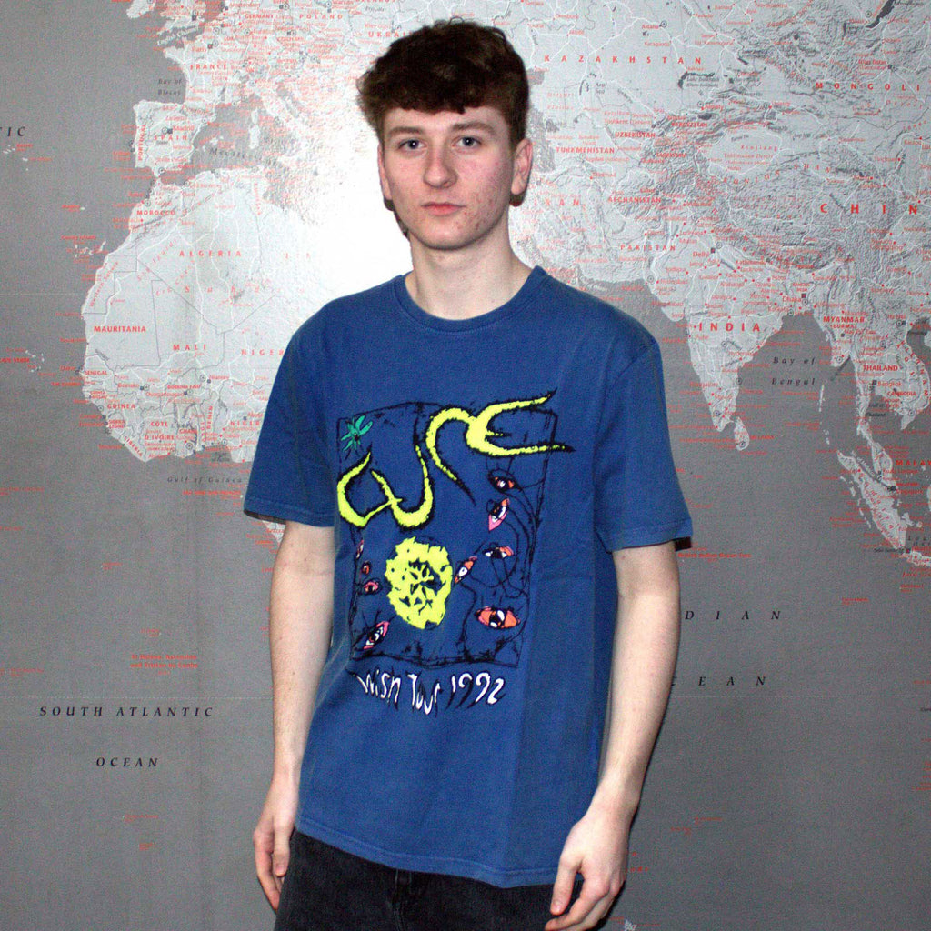 The Cure Unisex Stone Wash T-Shirt: Wish Tour '92 (Denim Blue) (Back Print)