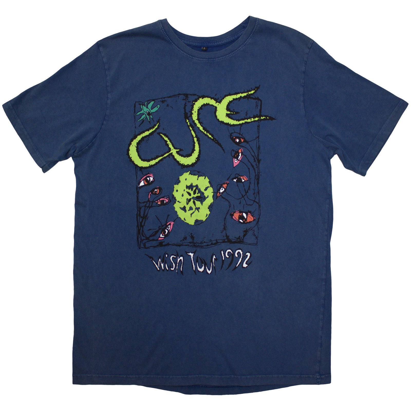 The Cure Unisex Stone Wash T-Shirt: Wish Tour '92 (Denim Blue) (Back Print)