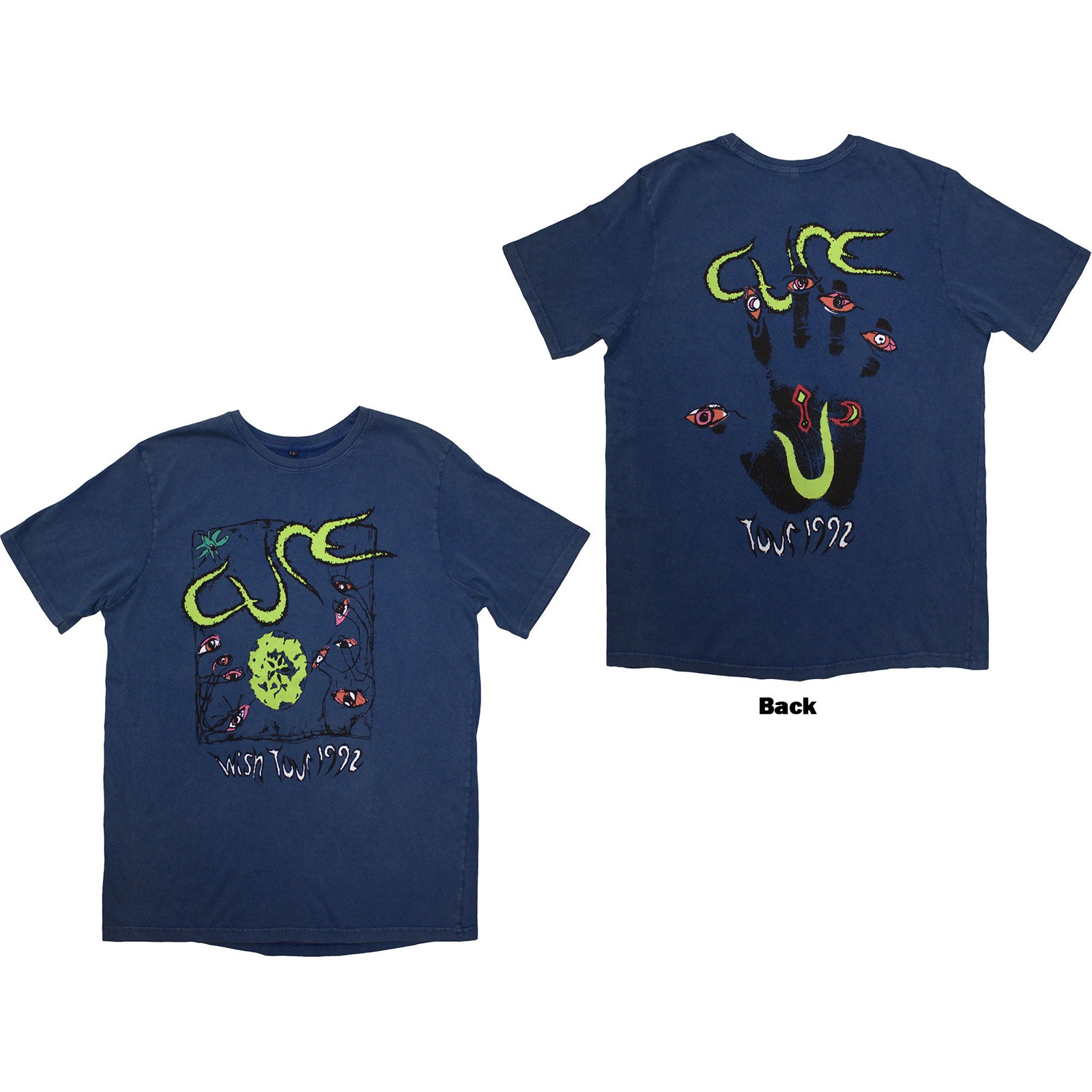 The Cure Unisex Stone Wash T-Shirt: Wish Tour '92 (Denim Blue) (Back Print)